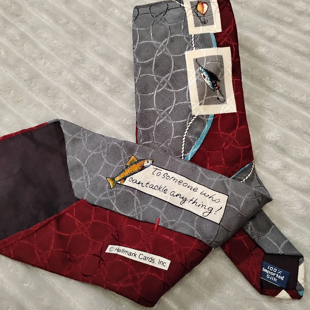 Hallmark Cards Celebrations Tie with Red and Gray Fish Tackle Fathers Day 58"